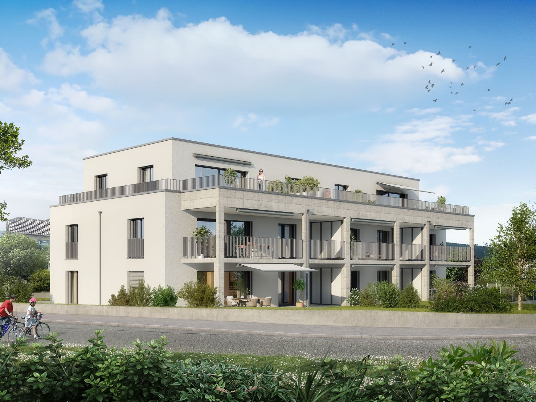 Visualisierung der Fassade mit Gartensitzplätzen, Balkonen und Attikaterrassen