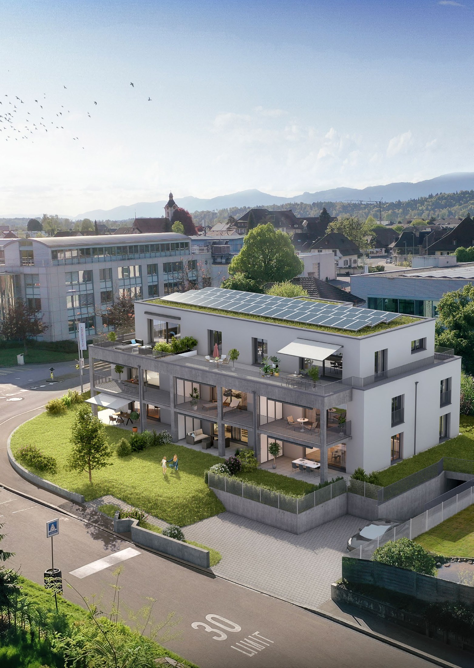 Visualisierung des dreigeschossigen UrbanBlick mit begrüntem Dach und Aussenbereichen
